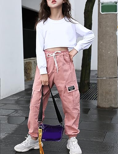 Image of Kids Girls Casual Cargo Pants Boys Solid Loose Parachute Trousers with Multi Pockets High Waist Dance Streetwear with Elastic Ankle Cuffs Outdoor Joggers Pink 7-8 Years