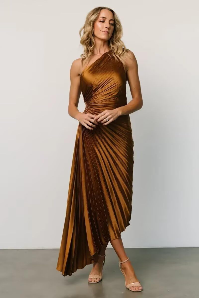 One Shoulder Bridesmaid Dresses for Women Ruched Corset Pleated Satin Long Formal Wedding Guest Dress