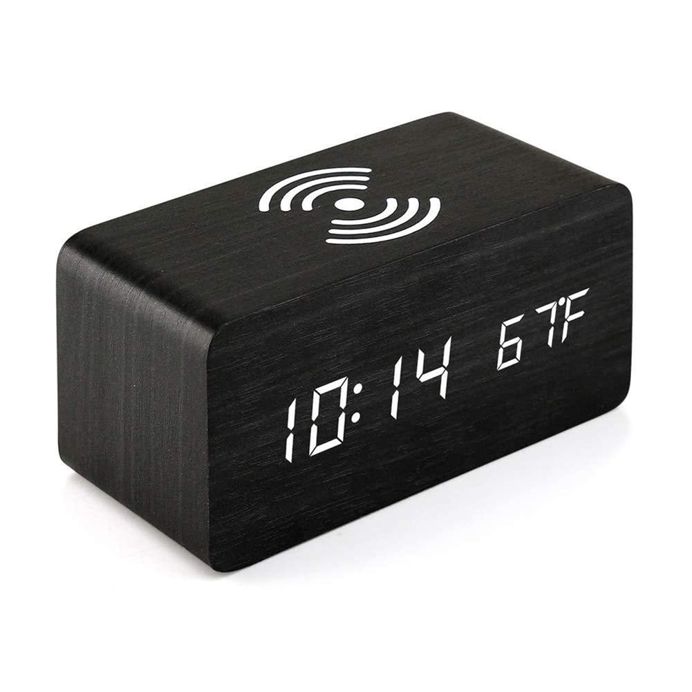 RANRAO Wooden Digital Alarm Clock, LED Digital Electronic Alarm Charging Wireless Charging Digital Wooden Clock with Temperature Time Display- D