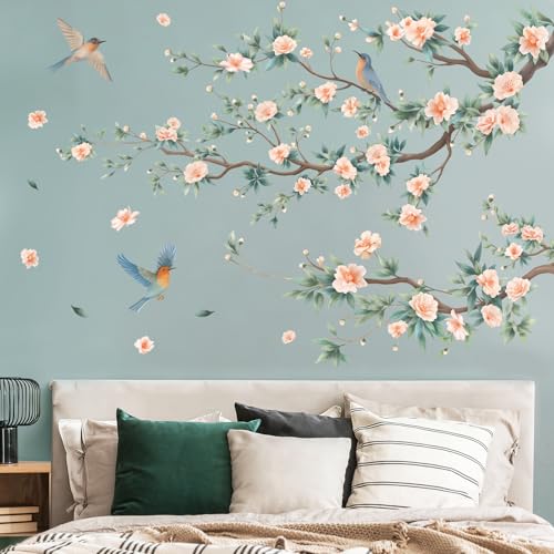 SHUCHING Stickers Muraux Branches de Fleurs Roses Vintage, Autocollant Mural Grand Camélia, Décoration Murale pour Chambre Salon Canapé