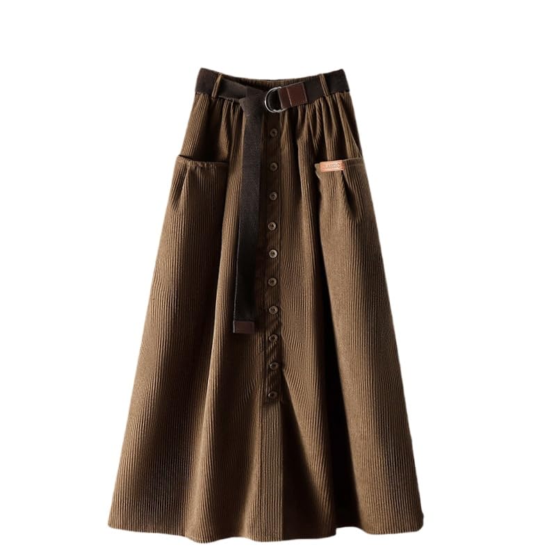 OPAALIC Falda Midi básica de Mujer, Estilo Retro, de Pana, de Cintura Alta, con Botones en la Parte Delantera, con cinturón y Bolsillos, para Primavera y otoño, Elegante Vestido Largo Midi, Corte en