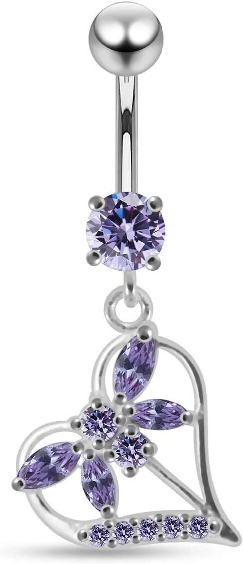 Stylish Dragonfly in Heart Dangling Design 925 Sterling Silver with Stainless Steel Belly Ring - Belly Button jewelry - Navel jewelry