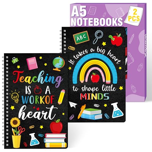 Xqumoi 2 Pack A5 Teacher Spiral Notebooks, It Takes A Big Heart to Shape Little Minds Ruled Hardbound Journal Writing Notebooks Teacher Appreciation Gift Back to School Office Supplies Notepad (Black)