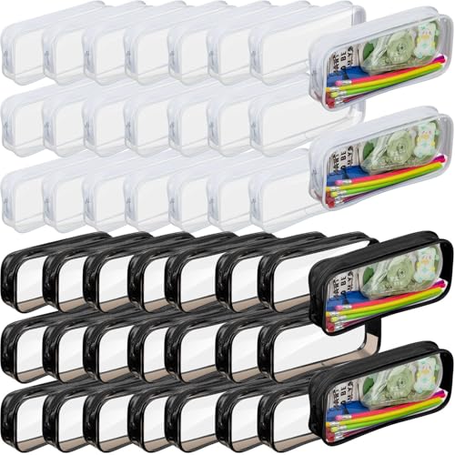 Image of Fainne 50 Pcs Clear Pencil Pouch Bulk Clear Pencil Case Bag 7.87x 1.38 Inch PVC Waterproof Travel Toiletry Makeup Zipper Pouches for Office Stationery Travel Storage(Black, White)