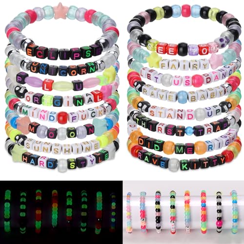 16 Pcs Beaded Friendship Bracelets Bulk Stretch Kandi Party Bracelets Y2k Glow in the Dark Friendship Bracelet Colorful Adjustable Scene Bracelets for Women Jewelry Music Party Favors Friend Gift (16)