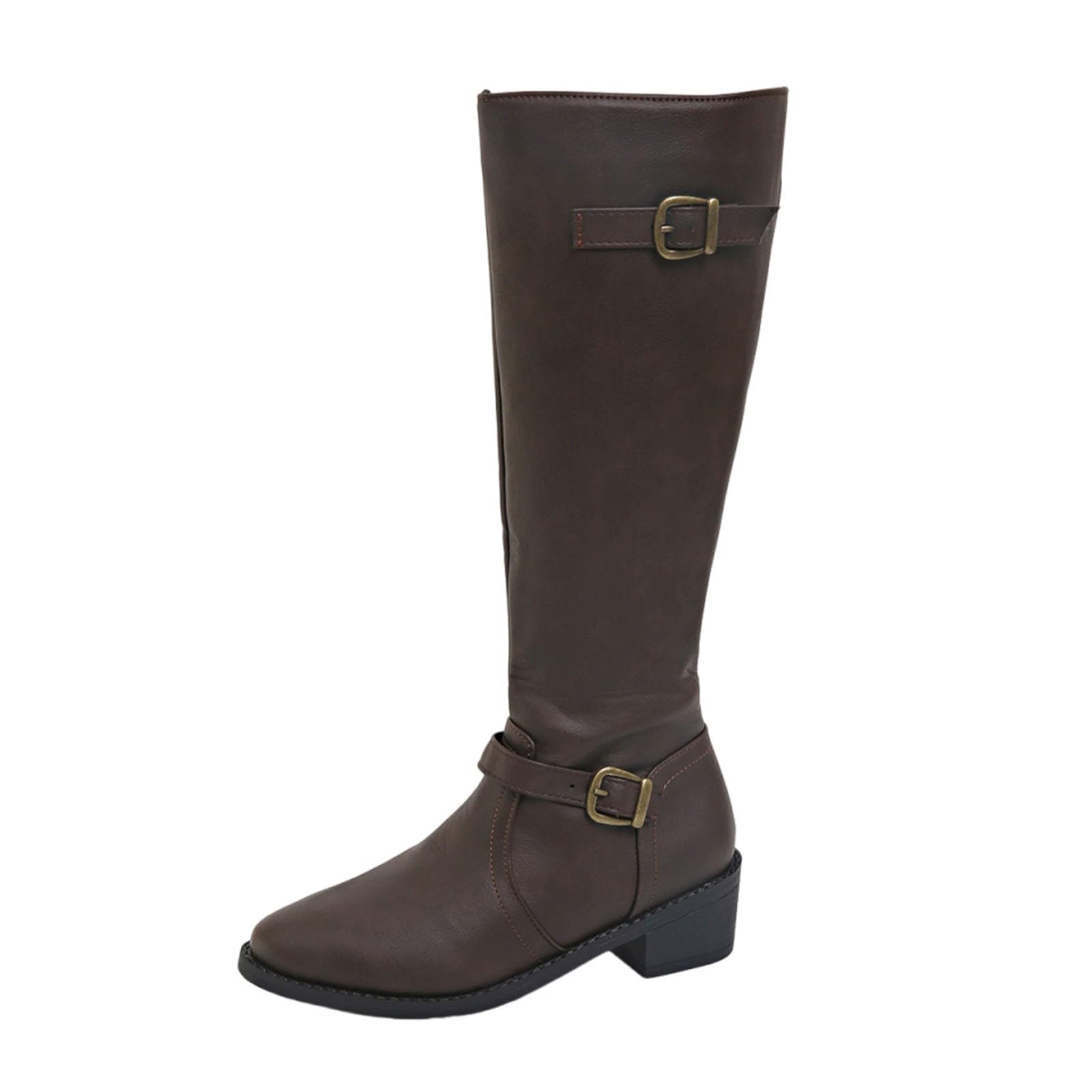 Knee High Boots for Women Low Heel Motorcycle Long Boot Country Buckle Strap Western Cowgirl Tall Shoes