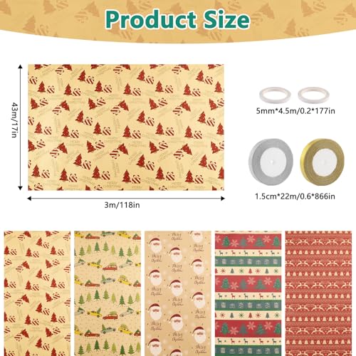 Foydream 5 Rollen Weihnachts-Kraftgeschenkpapier, 43 cm x 300 cm Recycelbares Weihnachtsgeschenkpapier mit Druck von Santa Claus und Elch für Weihnachten, Weihnachten, Geburtstag, Geschenkverpackung