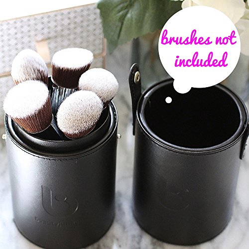Makeup Brush Holder Organizer Case - Beauty Junkees Large Black Vegan Leather Round Cylinder Tube, Organize Cosmetic Brushes on Vanity Countertop, Snap Cups Together for Travel, Modern, Cruelty Free - Thumbnail 3