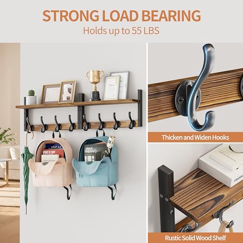 Image of 33 inch Coat Rack Wall Mount with Shelf, Entryway Wall Hooks with Shelf, Heavy Duty Coat Hanger Wall Mount for Living Room, Bedroom, Rustic Brown & Black