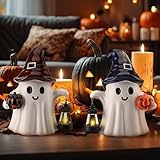 Suzile 2 Pack Halloween Outdoor Decoration 9.5 Inch Spooky Ghost Statues with Solar Lantern Light Pumpkin for Garden Halloween Figurine Cute Resin Ghost for Lawn Patio Party Indoor Home Decor Gift