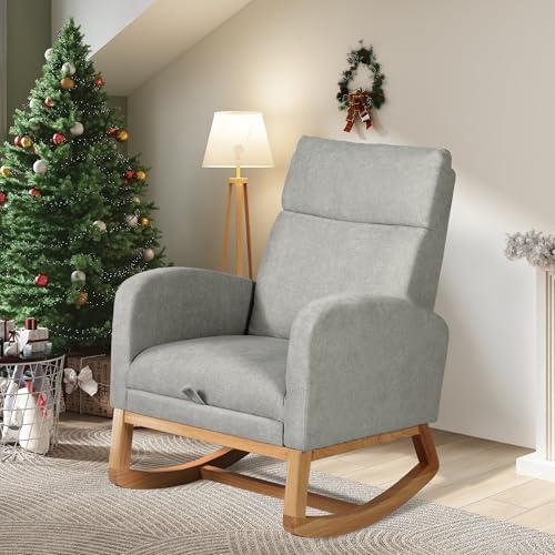 Image of FNCK Rocking Chair Nursery with Foot Rest, Glider Rocking Chair Nursing Chairs with Solid Wood Legs, High Back and Side Pocket, Ice Velour Fabric Upholstered Chairs Armchair