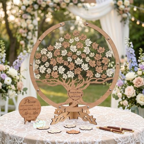 Image of Personalized Fall Maple Tree Drop Box Wedding Guest Book Alternative | Rustic autumn wedding guestbook alternative with leaf drop box, guests sign leaves to fill the maple tree keepsake