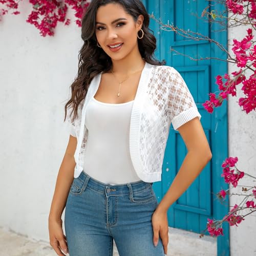 Image of FindThy Women's Cropped Bolero Shrugs Short Sleeve Open Front Floral Lace Hollow Out Cardigan Jacket