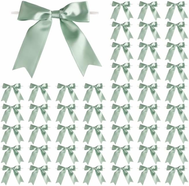 Meseey 50 Pcs 5 Inches Twist Tie Satin Ribbon Bows Pretied Premade Craft Bows for Treat Bags Gift Wrapping Basket Wedding Baby Shower Brithday Christmas Party (Sage Green)