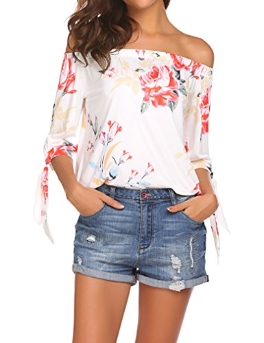 Qearal Women's Floral Printed Long Sleeve Off Shoulder Casual Tops T-Shirt (White, S)