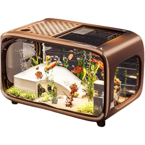 NYHGOXM アクリル製 小型水槽セット 蓋付き 軽奢華 透明 金魚/メダカ/ベタ/テトラ 飼育 リビング・玄関 インテリア水槽 観賞用 (デラックスモデル + ブースターポンプ,ブラウン)