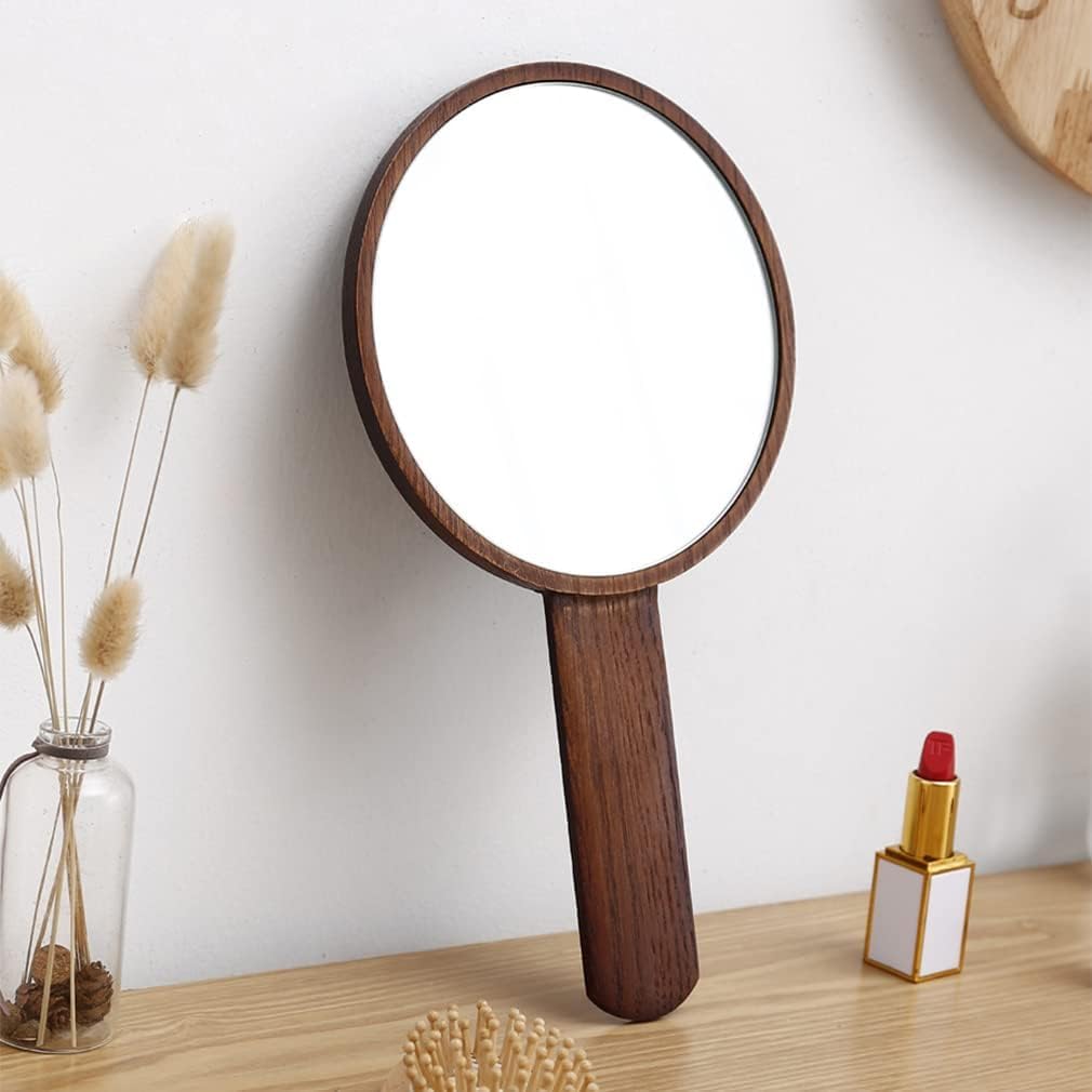 Teepro Handheld Mirror with Handle, Hand Held HD Mirror Wooden Frame, Salon Hairdresser Plain Mirror Retro Style, Cosmetic Salon Makeup Hand Mirror for Professional Barbers,A
