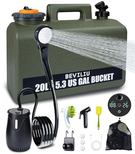 Ducha portátil para camping Beviliu Shower Max, tanque de 5 galones grado alimenticio, bomba recargable, impermeable IPX8, ligero y extra grande para camping, playa, RV y mascotas