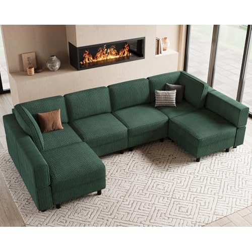 Belffin U Shaped Sectional Sofa Couch Modular Sectional Sofa with Deep Storage Seat 6 Seat Corduroy Sectional Couch,Green 114.2"-6 seat U Shaped-2 Gre