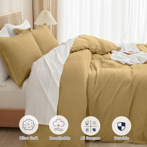 Image of PHF Waffle Weave Duvet Cover Set King Size, No Snagging Ultra Soft Luxury Textured Breathable Comforter Cover for All Season 3pcs, Durable Bedding Duvet Set with 2 Pillow Shams, 104 inchx90 inch, Antelope