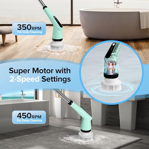 Image of Dreazu Electric Spin Scrubber, IPX7 Electric Cleaning Brush with 7 Replaceable Brush Heads & Retractable Handle, 2-Speed Adjustable Spin Scrubber for Bathroom, Bathtub, Kitchen, Tile Floors