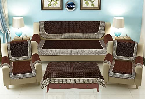 Image of SAWNA Homes 5 Seater Sofa Cover with Centre Table Mat | Chenille Sofa Panel 16 Pcs Set with Arm Cover 3+1+1 | 3+2 Seater Couch Cover for Living Room, Coffe
