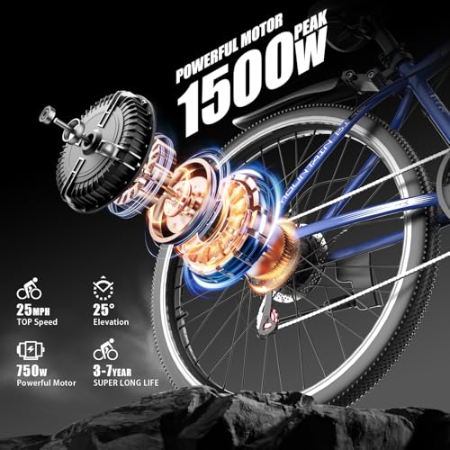 Image of Misodo Electric Bike for Adults, 1500W Peak Mountain Ebike with 25 MPH, 65 Miles Range, 7 Speeds, 48V 10Ah Removable Battery 26 inch Ebike for Commute