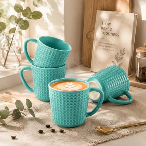 15 oz Ceramic Coffee Mugs Set of 4, Waffle Embossed Coffee Mug, Turquoise