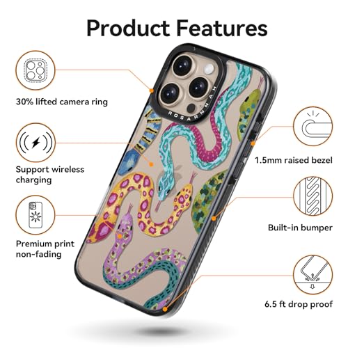 Coque iPhone 16 Pro antichoc Rosarnnah noire motif serpent amusant 2m
