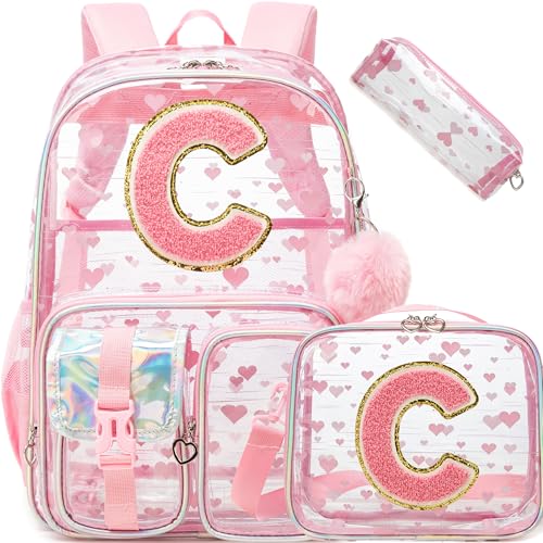 HTgroce Pink Monogram C Heavy duty Clear Backpack Kids Transparent Backpacks for School Girls Elementary Bookbag Stadium Concert College Approved See-Through Bag for Teens and Women
