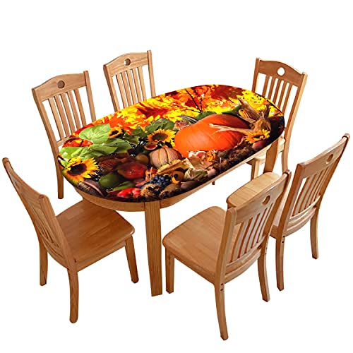 RenteriaDecor Thanksgiving Oval Fitted Tablecloths, Pumpkins with Sunflowers Pattern Print Elastic Edged Table Cover, Windproof Cloths for Indoor Outdoor Dining Decor, Fits to 48x68 in Table, Orange