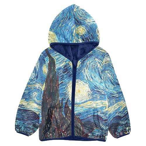 Starry Night Oil Painting Boys Fleece Hoody Jacket Zip Up Coat Warm Fall Winter Plush Jacket Long Sleeve Outerwear