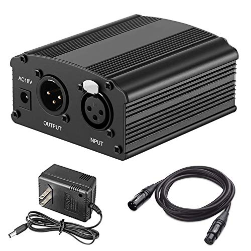 NaTursou 1-Channel 48V Phantom Power Supply with Adapter,Bonus+ XLR 3 Pin Microphone Cable for Any Condenser Microphone Music Recording Equipment