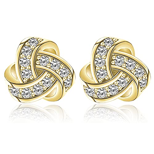 Boucles d'oreilles plaquées or 14K | Boucles d'oreilles hypoallergéniques en argent sterling 925 Post CZ Boucles d'oreilles en zircon cubique Love Knot pour femmes (or jaune) Cover