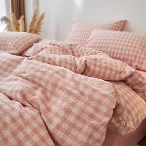 Image of EAVD Vintage Style Gingham Plaid Duvet Cover Queen Pink White Soft 100% Washed Cotton Chic Warm Checkered Bedding Set with 2 Pillowcases Farmhouse Grid Gingham Duvet Cover with Zipper Closure