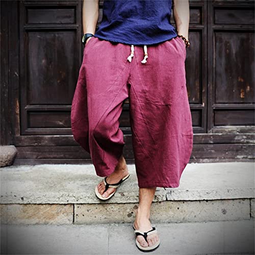 Maiyifu-GJ Men's Baggy Linen Capri Pants Loose Fit Yoga Drawstring Beach Pants Casual Wide Leg Below Knee Harem Pants2