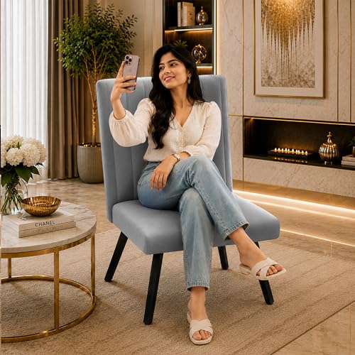 Image of Modern Velvet Accent Chair for Living Room | Upholstered Single Seater Chair with Metal Legs | Comfortable Seating for Bedroom, Office & Guest Room - Grey