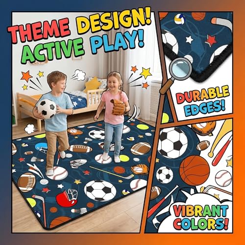 Tapete deportivo para niños 3x4 ft, diseño multideportivo miniatura 3