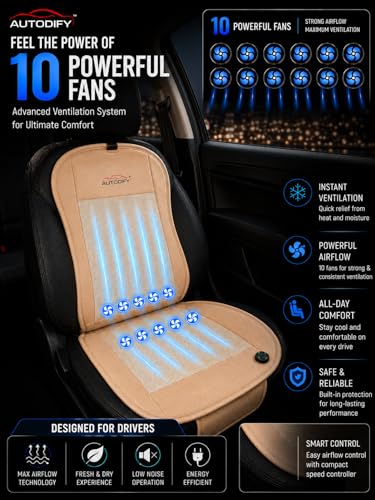 Image of Car Ventilated Cooling Seat Cushion Cover with 10 Powerful Fans & 3 Adjustable Cooling Levels, Breathable Fabric + Beige Leather Universal Fit for All Cars, Large Airflow
