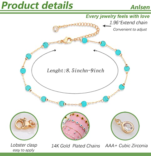 Funeia Gold Ankle Bracelets For Women 14K Gold Plated Anklet For Women Daisy Moon Star Evil Eye Anklet Boho Beach Foot Chain Adjustable Dainty Foot Jewelry (N:round Turquoise) #TOP4
