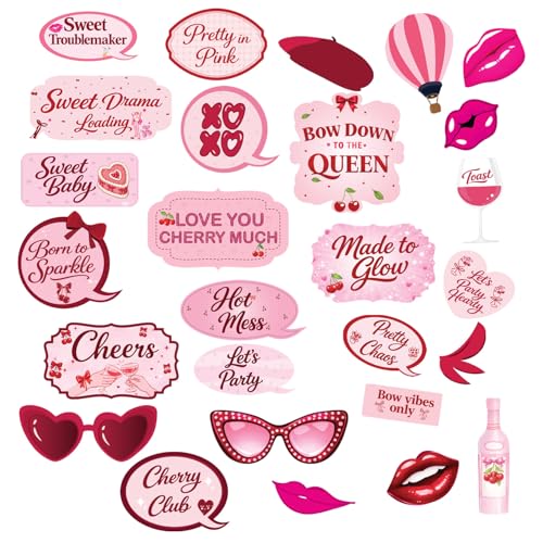 Image of Party Propz Cherry Theme Photo Booth Props - Set of 55 Pcs Pink Party Props with Sticks & Glue Dots, Birthday Decoration Props for Girls, Photo Booth Accessories for Party
