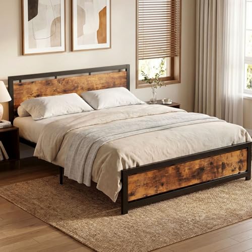 Image of LIKIMIO California King Bed Frame with Headboard and Footboard, Metal Strong Supports, Easy Assembly, Noise-Free, No Box Spring Needed, Vintage Brown