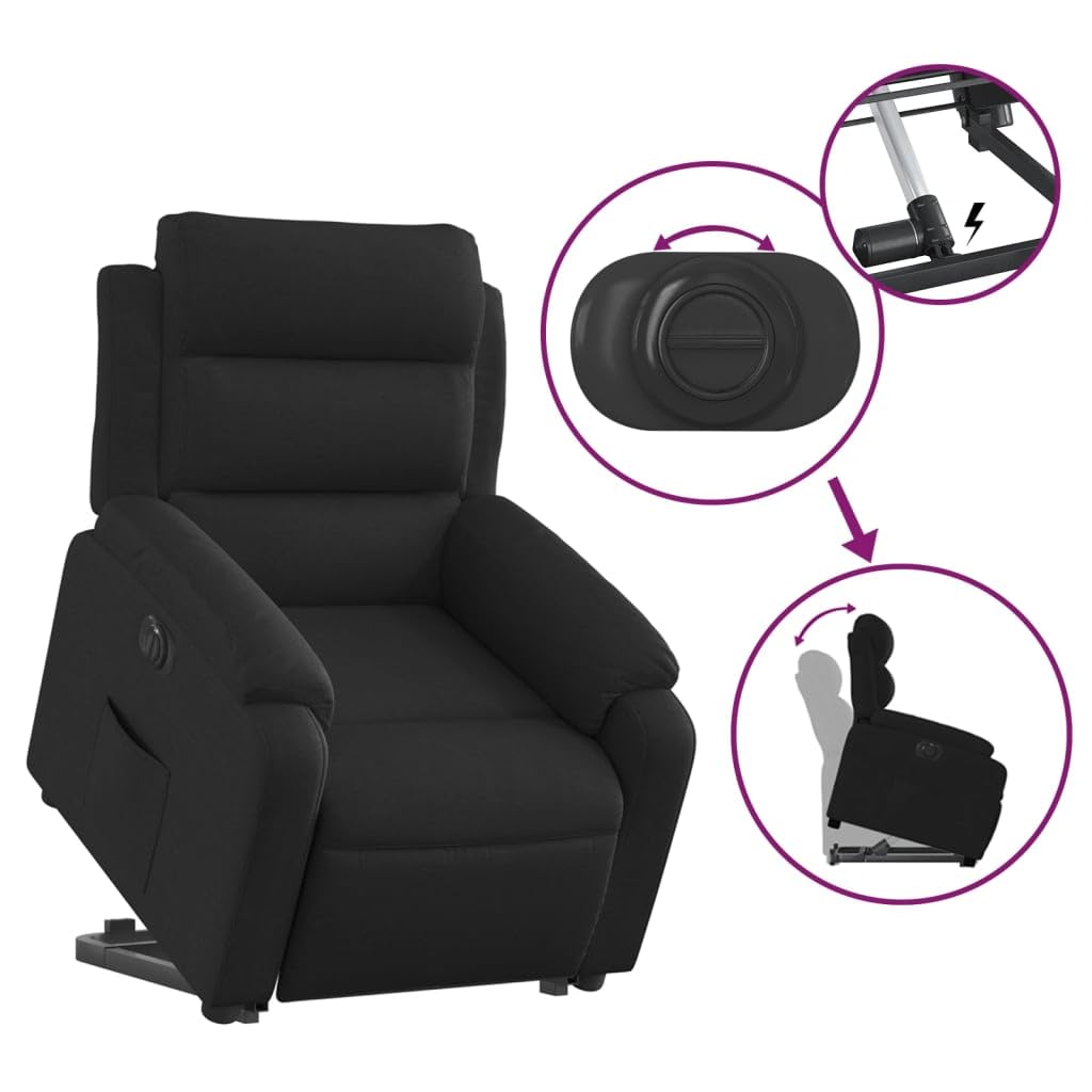 Sillón de relax con función reclinable eléctrica y ayuda para levantarse en tejido negro, respaldo de 135 grados y práctico bolsillo lateral, adecuado para hasta 110 kg