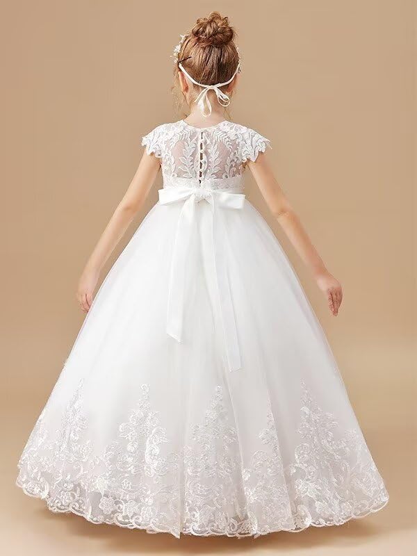 Ball Gown Flower Girl Dresses Tulle Applique Scoop Short Sleeves Ankle Length Princess Birthday Gowns2