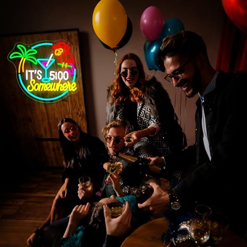 Image of Its 5 Oclock Somewhere Neon Sign for Wall Decor Dimmable Parrot LED Light Home Beer Bar Decor Palm Tree Sun Beach Neon Signs for Man Cave Garage Party Hotel Gifts for Men Size 13.1 * 13in(GLNP168)