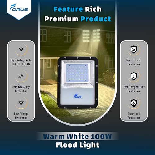 Image of Forus 100W LED Flood Light, IP67 Waterproof Outdoor LED Light, High Mast Focus Warm White Light, 4-Yr Warranty, Energy Efficient Halogen Replacement for Factory, Garage, Parking, Garden, Shop (1 PC)