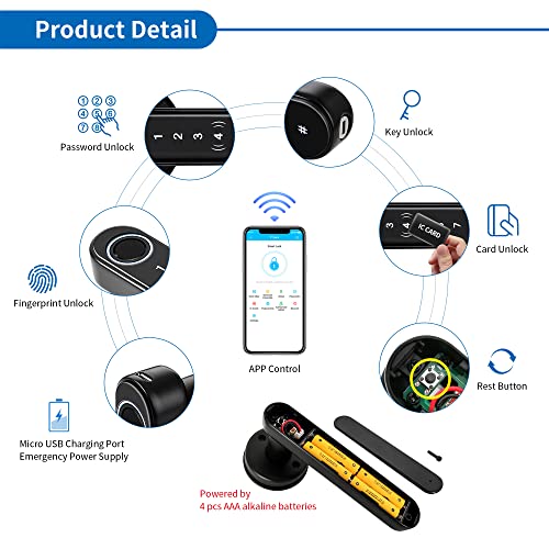 Image of CATCHFACE Smart Fingerprint Lock - WiFi Enabled, Biometric Door Lock with Free App, Share Ekey and IC Card (Matte Black)