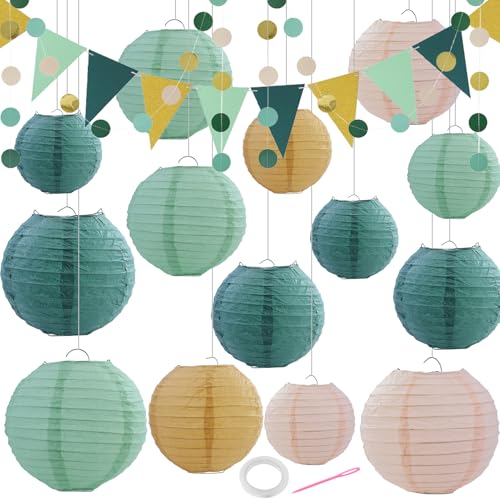 16 Stück Papierlaterne Lampion grün,Runde Papierlaterne,Hängende Lampion für Hochzeit deko,Geburtstagsparty,gartenparty Dekoration.