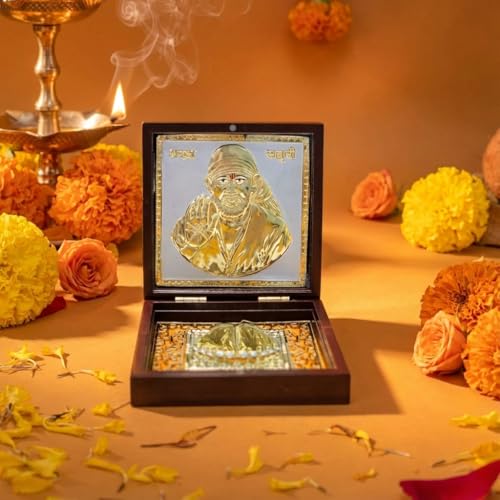 Image of Lord Gold Plated Shirdi Sai Baba Pocket Temple for Pooja Room | Gold Plated Sai Ram Photo Frame with & Charan Paduka | Gift for Family & Friends & Home Decor (Medium) 4 Inch - Pack of 1