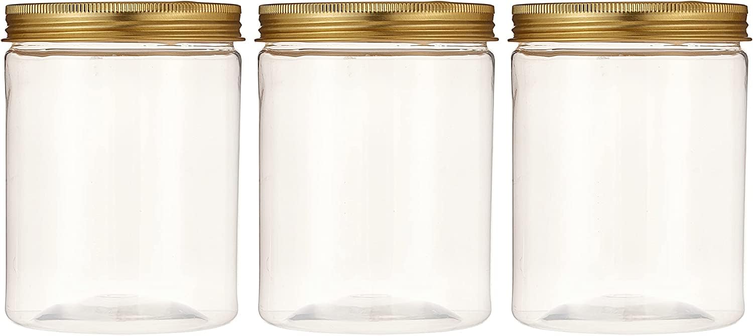 3 Pieces 350 ml Empty Bottle Refillable Clear Plastic Jars with Gold Lid for Food Home Storage Products Round Containers Candy,Spices,Buiscuts,Sweets,Nuts
